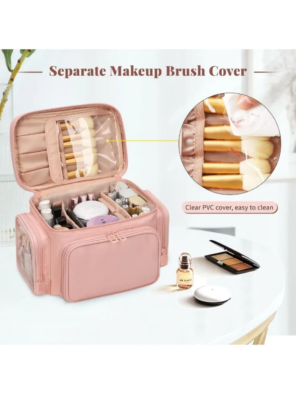 Large Portable Makeup Bag Organizer for Women | Travel Cosmetic Case with Brush